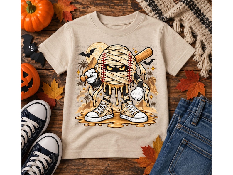 May include: A beige short-sleeve t-shirt featuring a graphic of a baseball wrapped in mummy bandages, holding a wooden baseball bat. The character wears white sneakers and stands in a desert landscape with palm trees, pyramids, and a full moon.