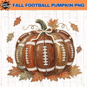 May include: A digital illustration of a pumpkin designed with the texture and white laces of a brown football. The pumpkin features a white string bow at the top stem and is surrounded by scattered orange and brown autumn leaves on a white background.