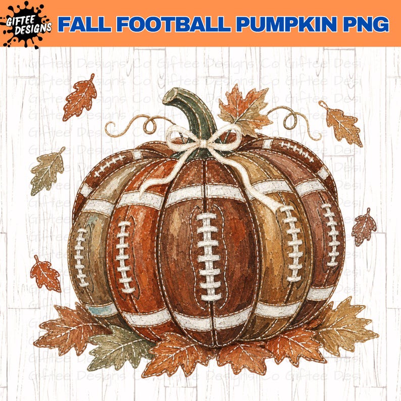 May include: A digital illustration of a pumpkin designed with the texture and white laces of a brown football. The pumpkin features a white string bow at the top stem and is surrounded by scattered orange and brown autumn leaves on a white background.