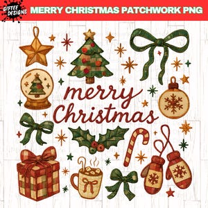 Könnte beinhalten: Eine Sammlung von Weihnachtsbildern, darunter ein Stern, ein Weihnachtsbaum, eine Schneekugel, Schleifen, eine Geschenkbox, Stechpalmen, eine Zuckerstange, eine Tasse Kakao und Fäustlinge. Die Worte "merry Christmas" sind in einer dekorativen Schrift geschrieben. Rot, grün und gold.