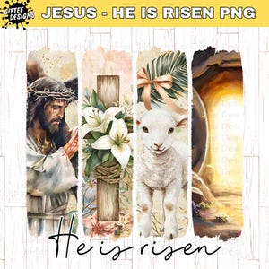 Może przedstawiać: Cyfrowy wydruk artystyczny w stylu akwarelowym przedstawiający Jezusa, krzyż z białymi liliami, jagnię i kamienny grób. Tekst "He is risen" jest napisany na dole obrazu.