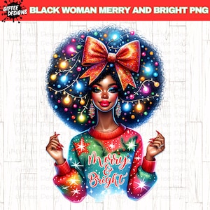 Zwarte vrouw vrolijk en helder png, Afro-Amerikaanse kerst png, zwarte kerst, melanine, afro png, kerstverlichting, coquette christmas