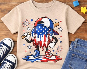 American Flag Baseball Drip PNG, 4th of July Kids Baseball Design, Patriotic Shirt Sublimation, Ice Cream Dripping Graphic,