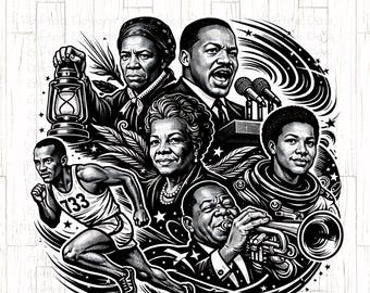May include: Monochrome illustration of notable African American figures, including Martin Luther King Jr. and Maya Angelou. The image also features an astronaut, a runner, and a musician. The text "African American Legends PNG" is displayed at the top.