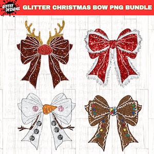 Puede incluir: Cuatro imágenes digitales de clipart de lazos de Navidad con purpurina. El primer lazo es rojo con cuernos de reno. El segundo lazo es rojo con ribete de piel blanca. El tercer lazo es blanco con una cara de muñeco de nieve y una nariz de zanahoria. El cuarto lazo es marrón con detalles de pan de jengibre.
