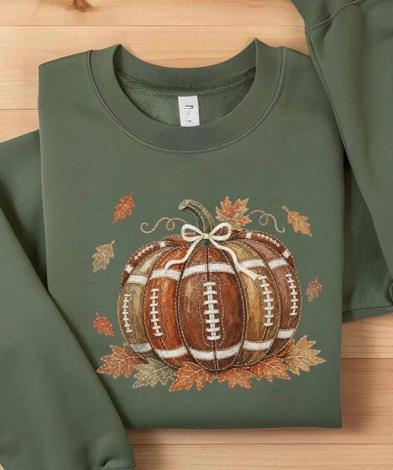 May include: An olive green crewneck sweatshirt featuring a central graphic of a pumpkin designed with the texture and white laces of a football. The pumpkin is tied with a white string bow and surrounded by scattered orange and brown autumn leaves.
