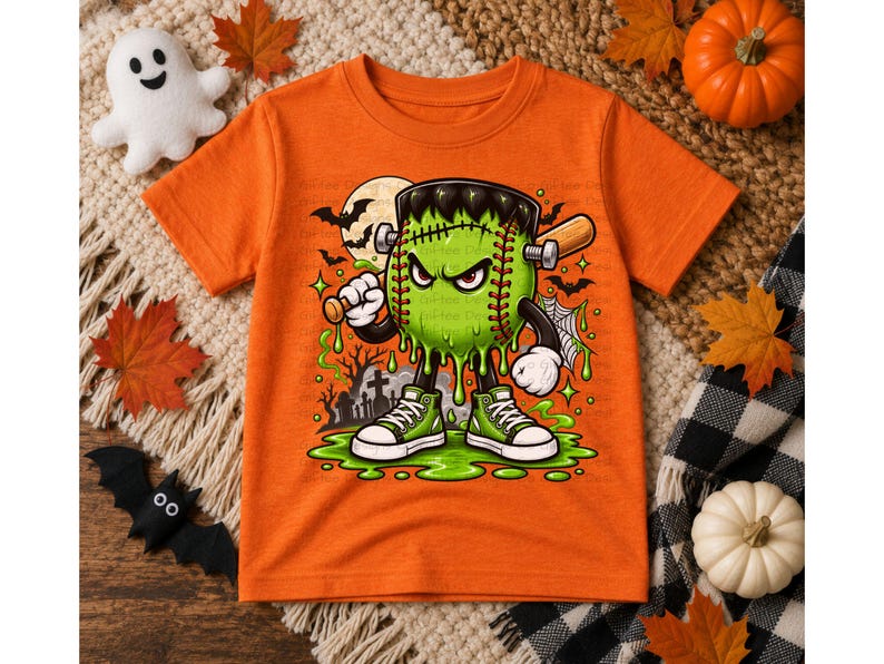 May include: An orange short-sleeve t-shirt featuring a graphic of a green baseball character with Frankenstein-like features, including bolts on the sides of its head, holding a wooden baseball bat, standing in green slime with sneakers.
