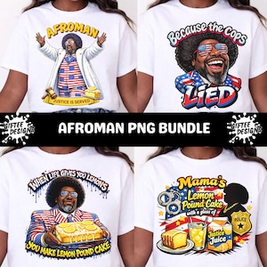 May include: White t-shirts with colorful graphic designs featuring the musician Afroman. The designs include text such as "AFROMAN", "Because the Cops LIED", "When Life Gives You Lemons You Make Lemon Pound Cake", and "Mama's Lemon Pound Cake".