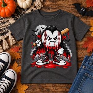 May include: A dark gray t-shirt featuring a graphic of a baseball character dressed as a vampire, complete with a black cape, red bow tie, and fangs. The character holds a wooden baseball bat, with red liquid dripping down, set against a moonlit background.