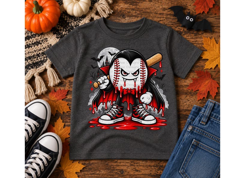 May include: A dark gray t-shirt featuring a graphic of a baseball character dressed as a vampire, complete with a black cape, red bow tie, and fangs. The character holds a wooden baseball bat, with red liquid dripping down, set against a moonlit background.