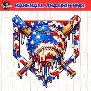 May include: A baseball design with a baseball and two crossed bats, all decorated with red, white, and blue dripping paint. The baseball has stars and stripes, and the bats are wooden. The words "BASEBALL USA DRIP PNG" are at the top.