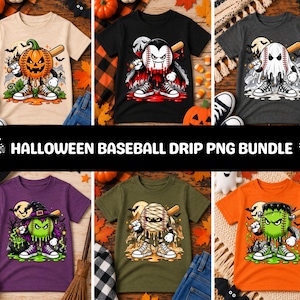 Może przedstawiać: Kolekcja sześciu koszulek z grafikami baseballowymi o tematyce Halloween, przedstawiającymi dynię, wampira, ducha, czarownicę, mumię i potwora Frankensteina, trzymających kije baseballowe. Widoczny jest napis HALLOWEEN BASEBALL DRIP PNG BUNDLE.