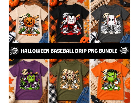 Halloween Baseball Drip PNG Bundle, Spooky Baseball PNG, Halloween Kids Sublimation, Ghost Pumpkin Frankenstein Mummy Witch Shirt Designs