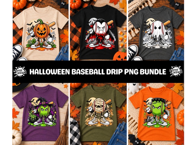 May include: A collection of six t-shirts featuring Halloween-themed baseball graphics, including a pumpkin, vampire, ghost, witch, mummy, and Frankenstein monster, all holding baseball bats. The text HALLOWEEN BASEBALL DRIP PNG BUNDLE is displayed.