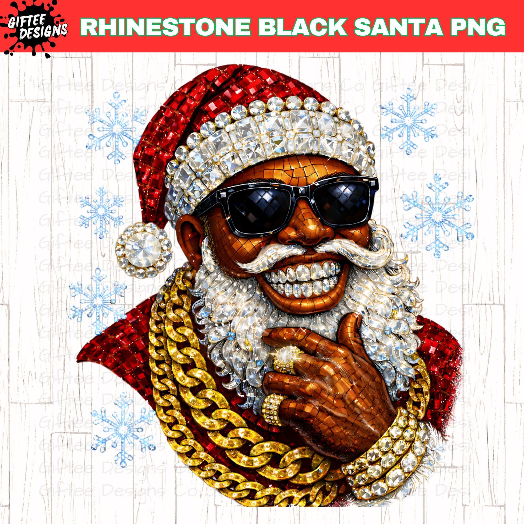 Faux Rhinestone Black Santa With Grillz PNG, Sparkly African 