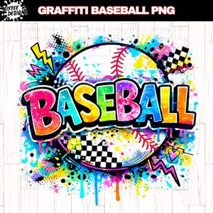 May include: A colorful baseball-themed graphic with the word "BASEBALL" in a vibrant, graffiti-style font. The design features a baseball with red stitching, surrounded by paint splatters, lightning bolts, and a checkered flag element. The background is white.