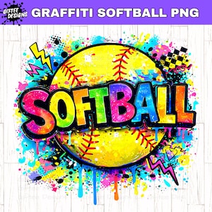 May include: A yellow softball with red stitching and the word "SOFTBALL" in a rainbow gradient font. The design features colorful graffiti-style paint splatters and lightning bolts. The text "GRAFFITI SOFTBALL PNG" is at the top.