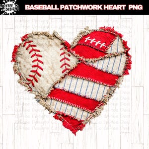 May include: A patchwork heart design featuring baseball and striped fabric elements. The left side resembles a baseball with red stitching, while the right side has red and blue striped sections. The design includes the text "BASEBALL PATCHWORK HEART PNG".