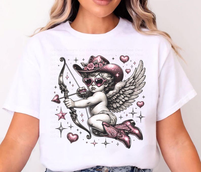 May include: White t-shirt with a pink and black illustration of a cupid wearing a cowboy hat and holding a bow and arrow. The cupid has pink sunglasses and wings. The design is surrounded by pink hearts and stars.