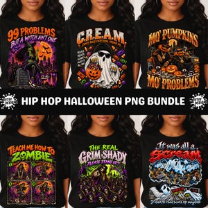 May include: A collection of six black t-shirts featuring graphic prints with Halloween and hip-hop themes. Designs include a witch, a ghost with candy, pumpkin-headed figures, zombies, grim reapers, and a ghost reading a magazine with text.