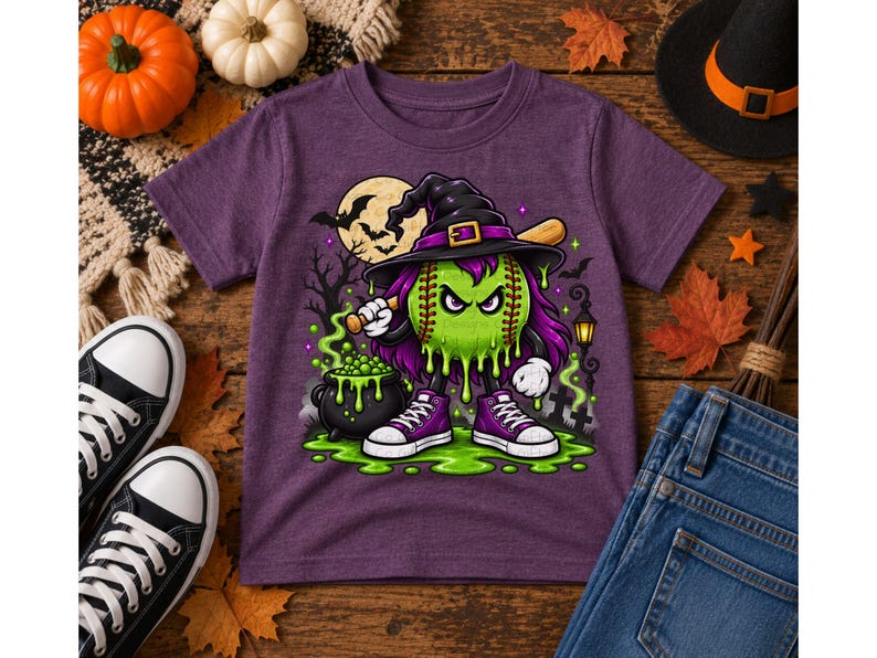 May include: A purple short-sleeve t-shirt featuring a graphic of a green baseball character with purple hair, wearing a black witch hat and purple sneakers, holding a baseball bat next to a black cauldron with green bubbling liquid.