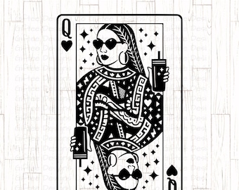 May include: Black and white Queen of Hearts playing card design. The queen wears heart-shaped sunglasses and holds a beverage. The card features the text "GIFTEE DESIGNS 300 DPI - SVG & PNG - ORIGINAL".
