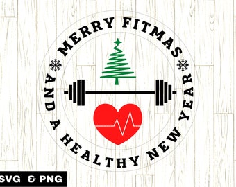 May include: A black and white circle graphic with the text "Merry Fitmas and a Healthy New Year" around the outside. Inside the circle is a green Christmas tree, a barbell, and a red heart with a heartbeat graphic.