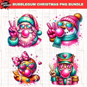 Quebra-nozes Rosa Papai Noel Boneco de Neve Homem-Biscoito Soprando Bolhas PNG Bundle, Natal Rosa png, Papai Noel Com Óculos De Sol, Sinal de Paz, Sublimação