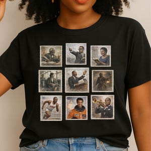 May include: Black t-shirt with a grid of nine postage stamp designs. Each stamp shows a portrait of a notable African American figure, including an athlete, a civil rights leader, and an astronaut. The stamps are arranged in a 3x3 pattern.