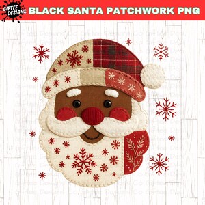 May include: A festive Black Santa face design with a red and black plaid hat, a white beard, and a red nose. The image includes snowflakes and the text "BLACK SANTA PATCHWORK PNG".