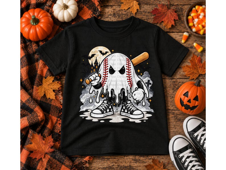May include: A black t-shirt featuring a graphic of a baseball-shaped ghost with red stitching, holding a wooden baseball bat. The ghost wears black and white high-top sneakers, set against a background of a full moon, bats, and a spooky castle.