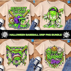 May include: Four beige t-shirts featuring graphic prints of baseballs, bats, and helmets covered in bright green slime. Designs include text reading Respect The Drip, a baseball character with a cap, and a pumpkin with a mummy-wrapped baseball.