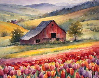 gospodarstwo, czerwona stodoła, tulipany, piękne kwiaty, czerwona stodoła na polu, góra, wystrój domu, pobieranie cyfrowe, dzieło sztuki cyfrowej, sztuka o wyglądzie akwareli