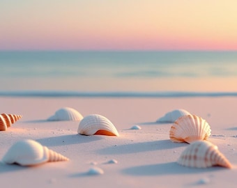 Wydrukowana sztuka ścienna na plażę, dekoracja nadmorska z muszlami, cyfrowe pobieranie oceanu, wydruk marynistyczny na plażę, fotografia nadmorska, natychmiastowe pobieranie