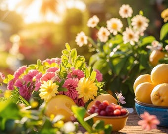 Słoneczna błogość ogrodu, kwiaty i owoce w tle, jasny letni bukiet z cytrusami i jagodami - żywa, naturalna dekoracja ścienna - świeże cytryny, dzikie kwiaty
