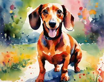 jamnik, piękna dekoracja ścienna, pobieranie cyfrowe, żywa akwarela, dekoracja akwarelowa, wystrój domu, psy, fotografia, zdjęcie szczeniaka