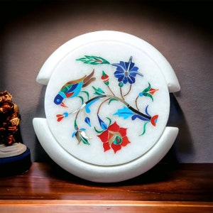 White Marble inlay Coasters for Drinks-Hot & Cold-Carved Marble Coaster Set with Holder, Tea and Coffee Table Cocktail Coaster in pair(2Set)