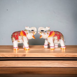 Decorative Elephant Statue for Home Decor Marble Showpiece Elephants Pair with Golden Meenakari Work 4 inch