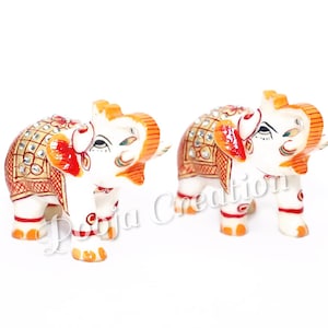 Marble Showpiece Elephants Pair with Golden Meenakari Work for Decoration and Pooja for Home & Office