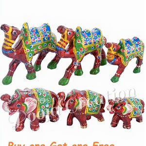 Artigianato indiano fatto a mano cartapesta Home Decor Rajasthan fiore all'occhiello Camel ed elefante Set di 6
