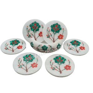 White Marble inlay Coasters for Drinks-Hot & Cold-Carved Marble Coaster Set with Holder, Tea and Coffee Table Cocktail Coaster in pair(2Set)