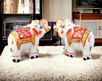 Showpiece White  Marble  Elephants Statue Pair 2 x 2.5 inch(One Pair Free-) Receive 4 pc