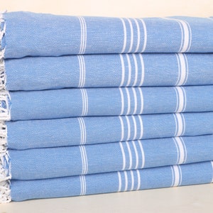 Striped Blanket, 79x95 Inches Sax Blue Cotton Blanket, Bridal Shower Gift, Woven Blanket, Bedspread, King Size Bedspread,