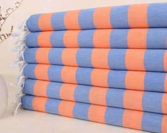Custom Turkish Towel, Personalized Beach Towel, Orange-Blue Towel, Striped Towel, 40x71 Inches Wedding Day Gift for Bride, Decor Towel,