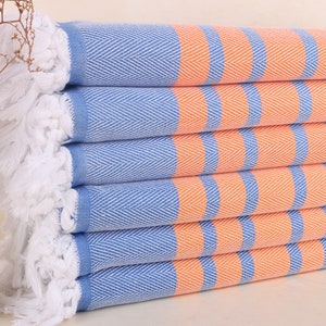 Personalized Turkish Beach Towel, Personalized Towel, Orange-Saks Blue Towel, Chevron Towel, 36x67 Inches Organic Beach Towel,