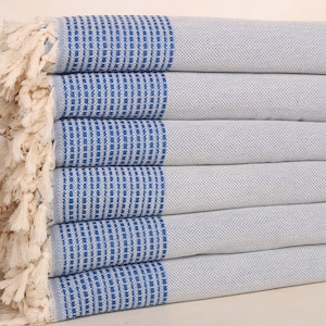 Housewarming Gift, 91x95 Inches Sax Blue Cotton Blanket, Striped Blanket, Woven Throw Blanket, Boho Throw Blankets, Best Friend Gift Ideas,