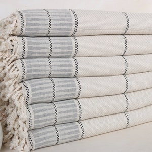 Personalized Gifts, 95x103 Inches Dark Gray Linen Blanket, Turkish Blanket, Striped Blanket, Woven Blanket, Cotton Bedspread,