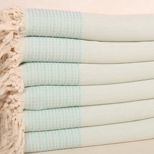 Woven Throw Blanket, Personalized Blanket, Striped Blanket, Tablecloth, 91x95 Inches Mint Cotton Blanket, Spa Gift, Family Gift Basket,