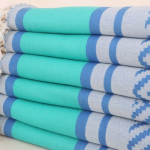 Turkish Towel Beach, Personalized Turkish Towel, Sax Blue-Benetton Green Towel, Geometric Towel, 36x69 Inches Organic Towels,