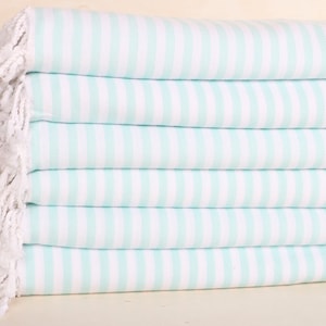 Striped Blanket, Housewarming Gift, Boho Throw Blankets, Wedding Favors, 75x103 Inches Mint Cotton Blanket, Memorial Gift,
